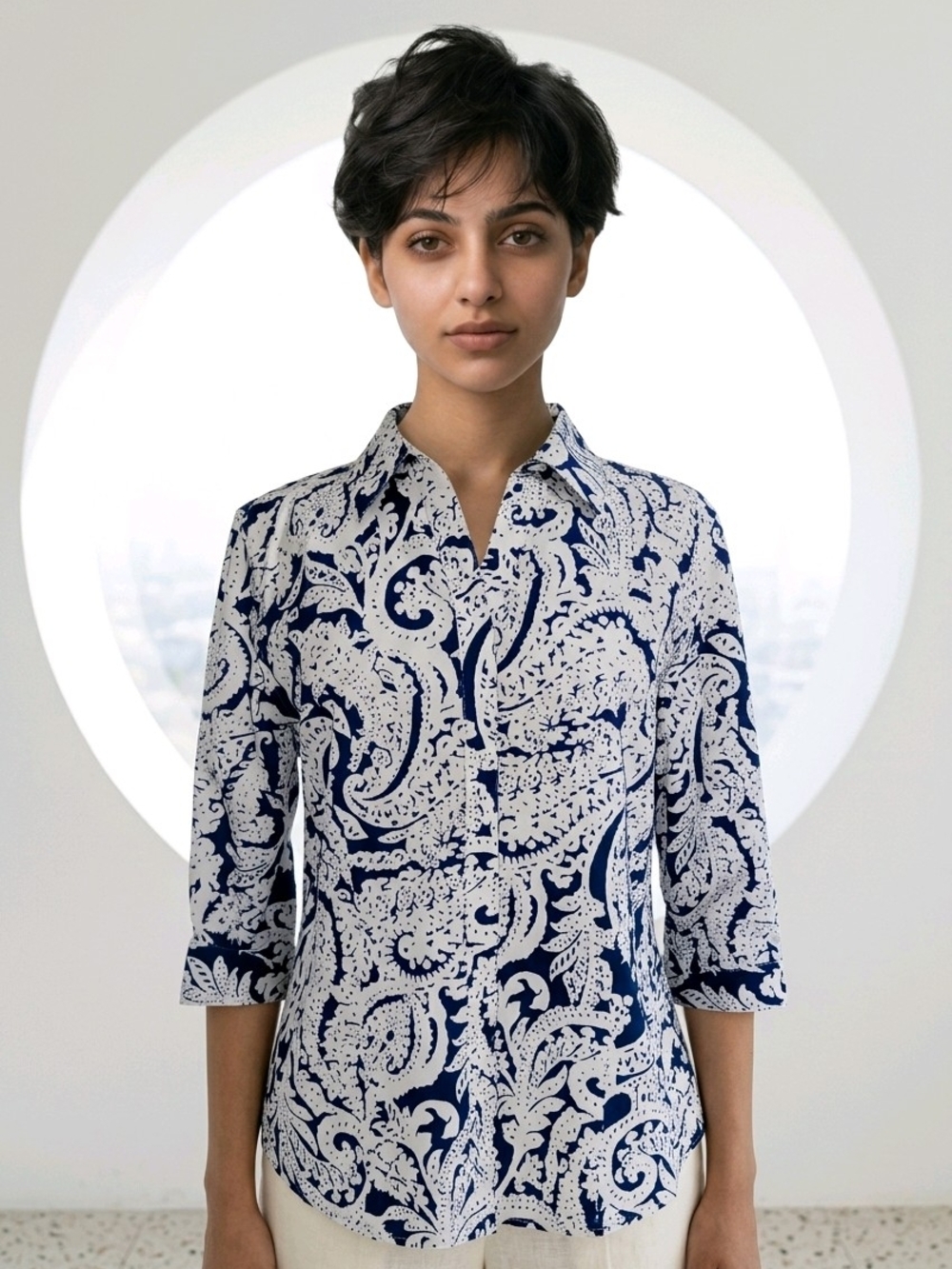 Chico's Navy & White Paisley Button-Down Shirt